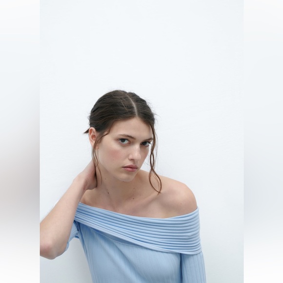 Zara OFF-THE-SHOULDER KNIT DRESS. Light Blue. Size S. New with Tags. - Picture 7 of 10
